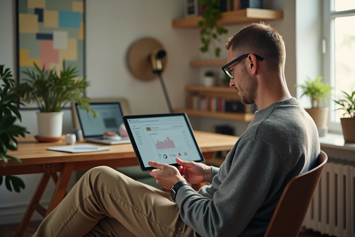 Homme vérifiant le SEO sur une tablette dans un espace calme