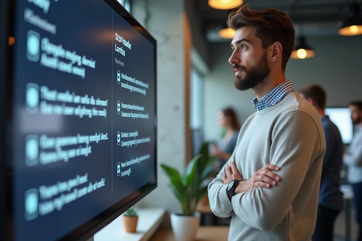 Jeune homme v&eacute;rifiant une checklist SEO sur un grand &eacute;cran