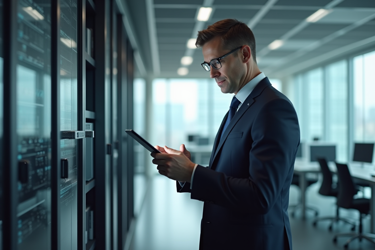 Homme d affaires controle reseau wifi en bureau moderne