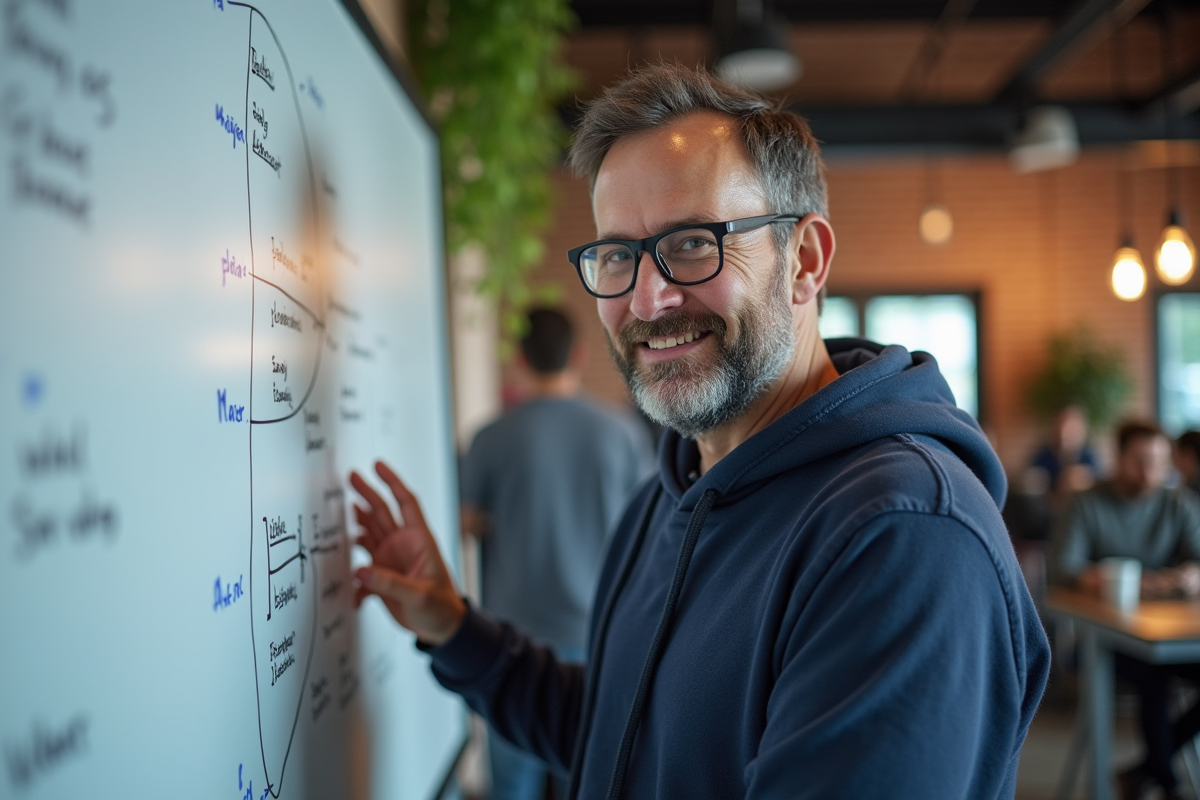 Homme expliquant des concepts de web API devant un tableau blanc