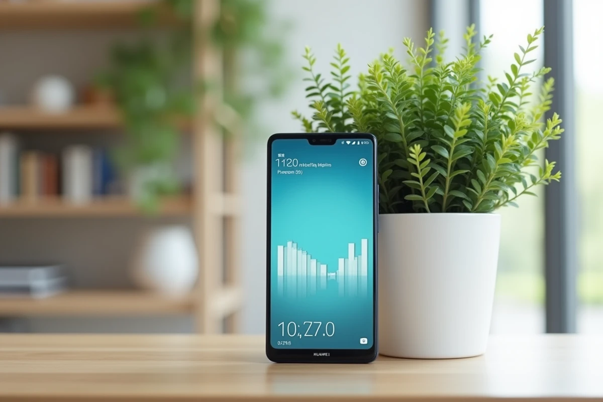 Huawei P10 Lite affiché sur une étagère avec des performances à l'écran, bilan fluidité et autonomie