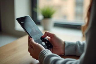 Femme tenant le Huawei P10 Lite avec l'interface appareil photo ouverte, test pratique du smartphone