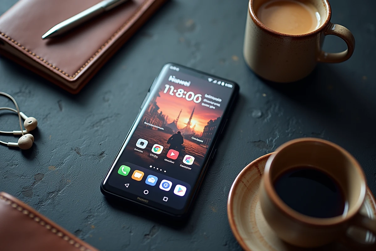 Huawei P10 Lite posé sur une surface en ardoise avec ses accessoires, vue à plat pour test complet