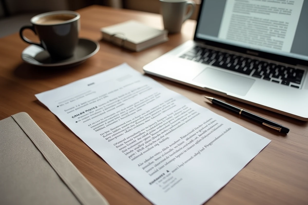 Document PDF imprimé avec mise en forme parfaite posé à côté d'un MacBook affichant le fichier Pages original