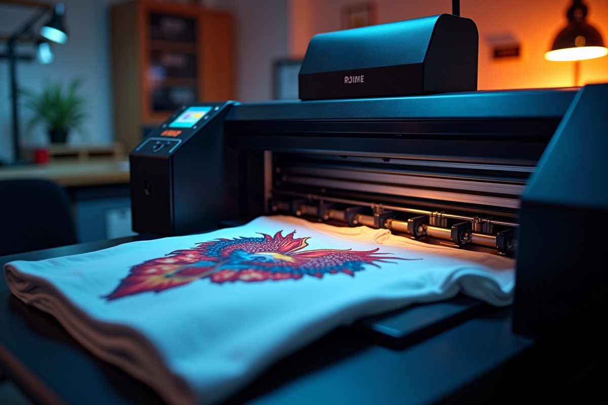 Imprimante de sublimation en action imprimant un t-shirt coloré