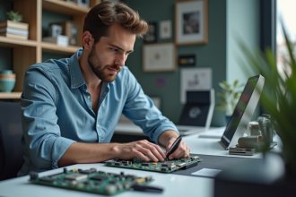 Jeune ingenieur electronique examine une carte mère avec loupe