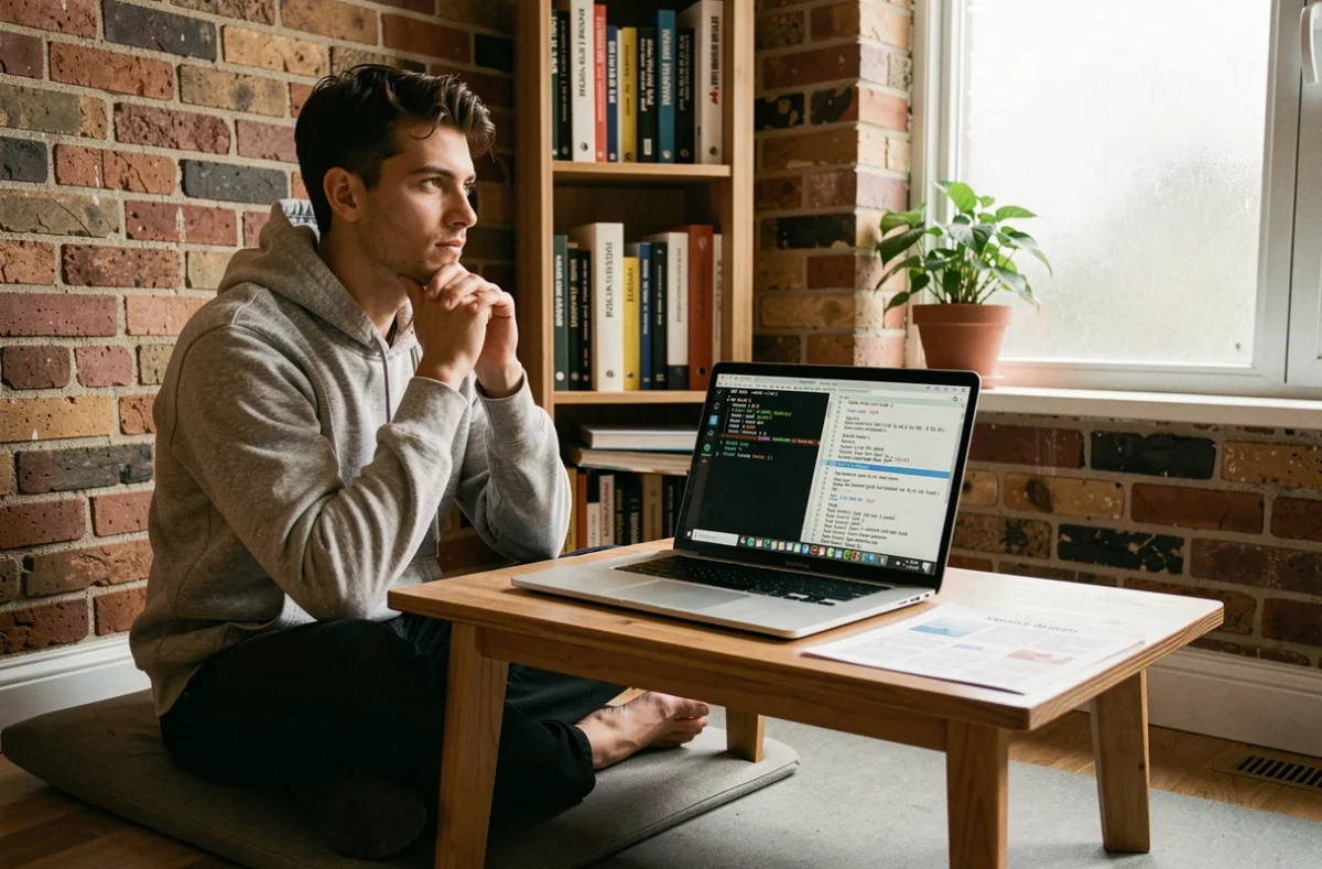 Jeune ingénieur Unix lisant la sortie de commande svcs SMF sur un laptop dans un bureau à domicile aménagé