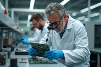 Ingénieur électronique inspectant une carte de circuit imprimé avec connexions under bump metal en salle blanche