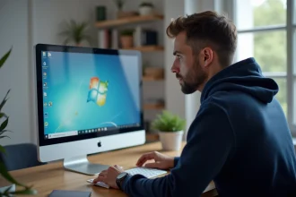 Homme installant un logiciel Windows gratuit sur son ordinateur de bureau à domicile