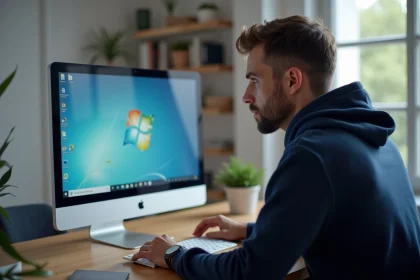 Homme installant un logiciel Windows gratuit sur son ordinateur de bureau à domicile