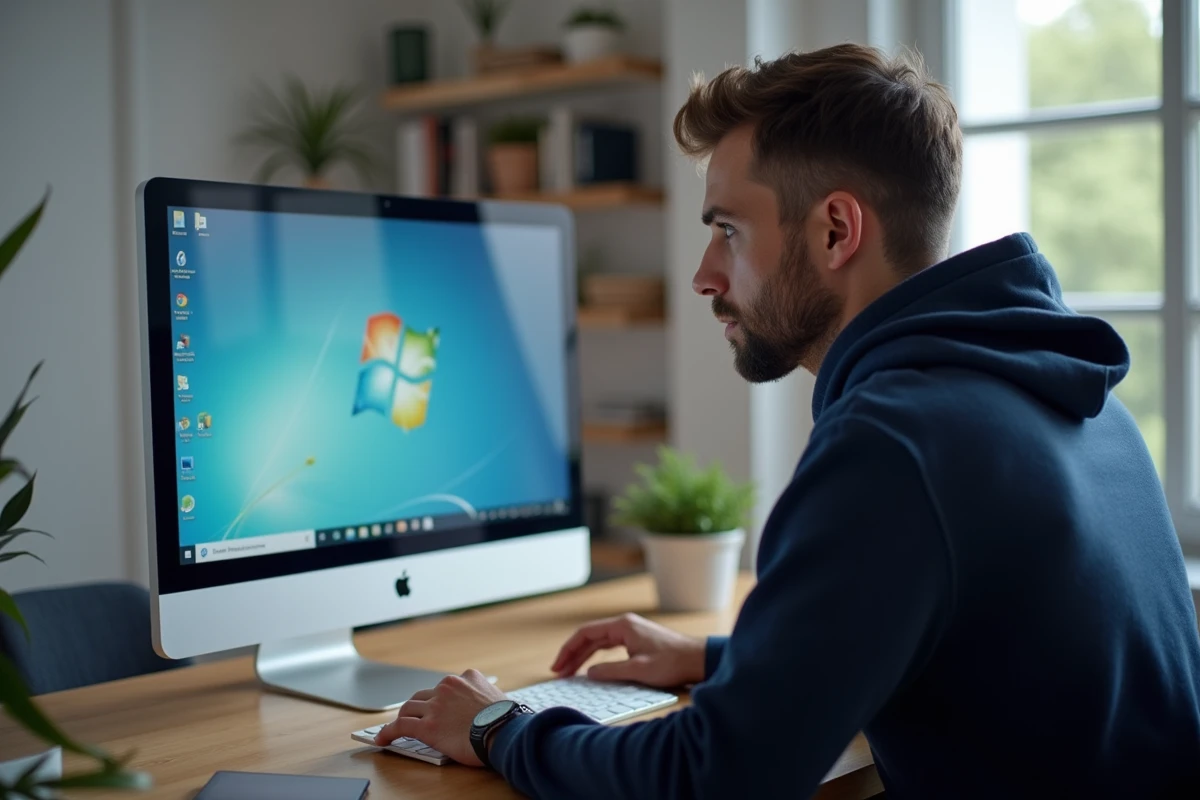 Homme installant un logiciel Windows gratuit sur son ordinateur de bureau à domicile