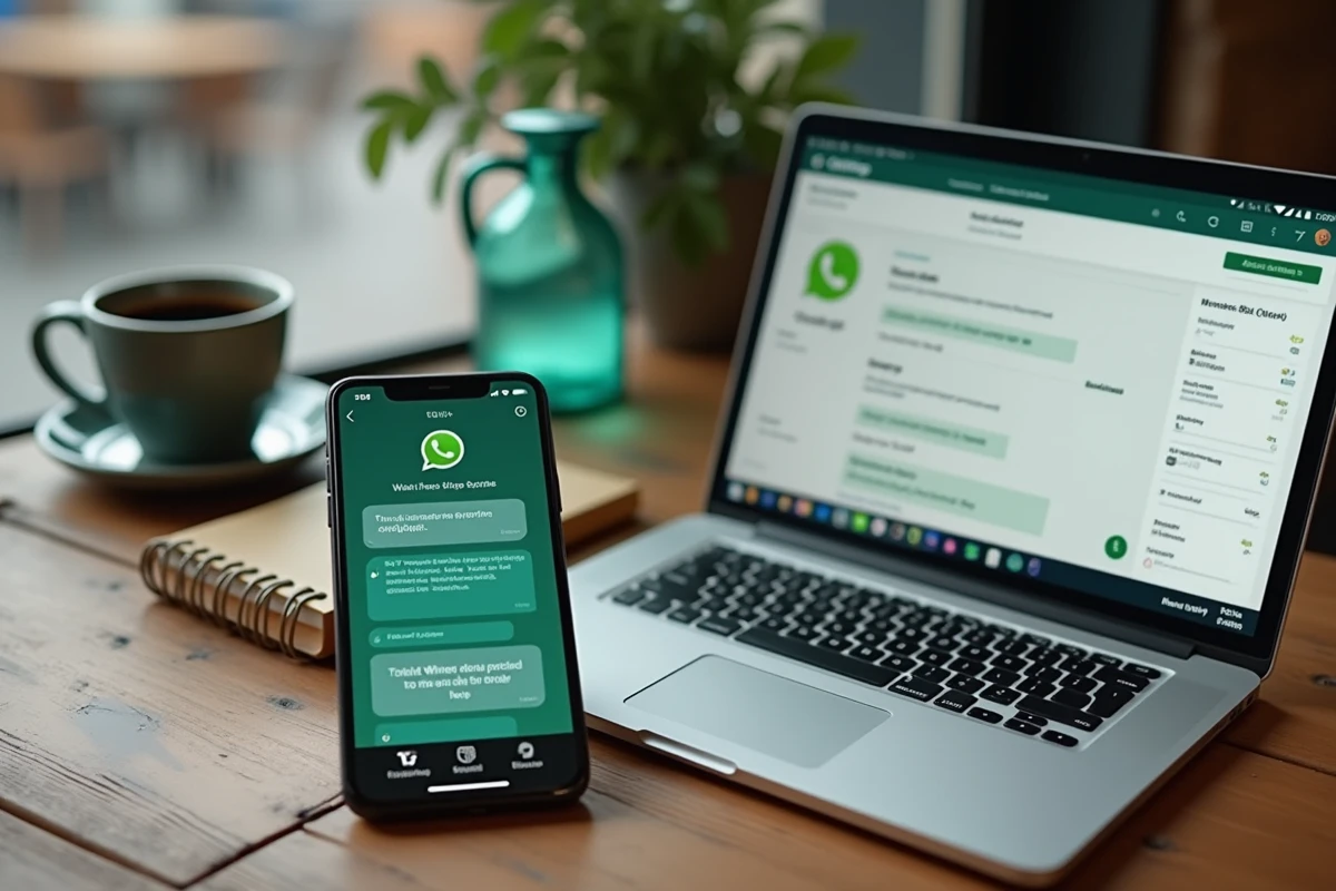 Interface WhatsApp avec réponses automatisées par ChatGPT affichées sur un smartphone posé dans un café