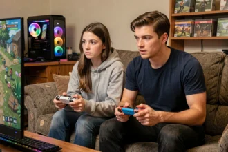 Deux joueurs en local sur PC, l'un avec une manette Switch Pro Controller et l'autre avec des Joy-Con, assis sur un canapé devant un écran de jeu co-op