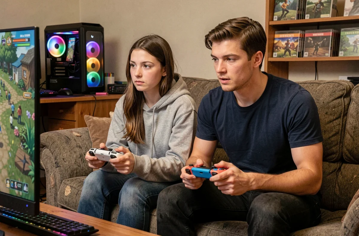 Deux joueurs en local sur PC, l'un avec une manette Switch Pro Controller et l'autre avec des Joy-Con, assis sur un canapé devant un écran de jeu co-op