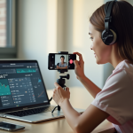 Jeune créateur vidéo TikTok avec smartphone et analytics