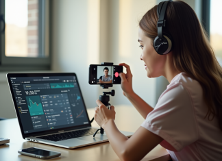 Jeune créateur vidéo TikTok avec smartphone et analytics