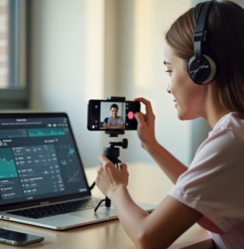Jeune créateur vidéo TikTok avec smartphone et analytics