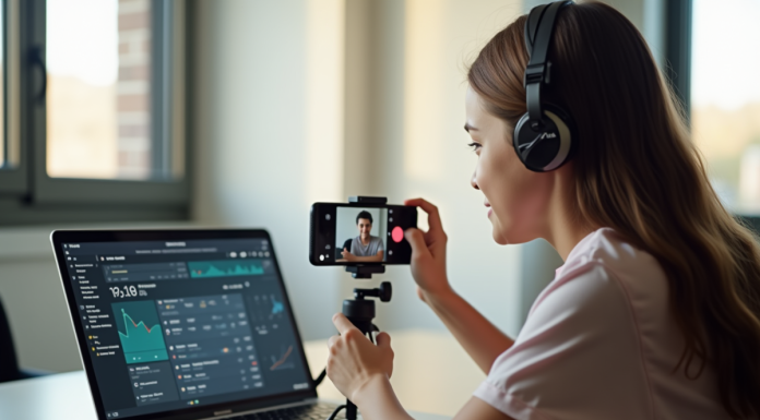 Jeune créateur vidéo TikTok avec smartphone et analytics