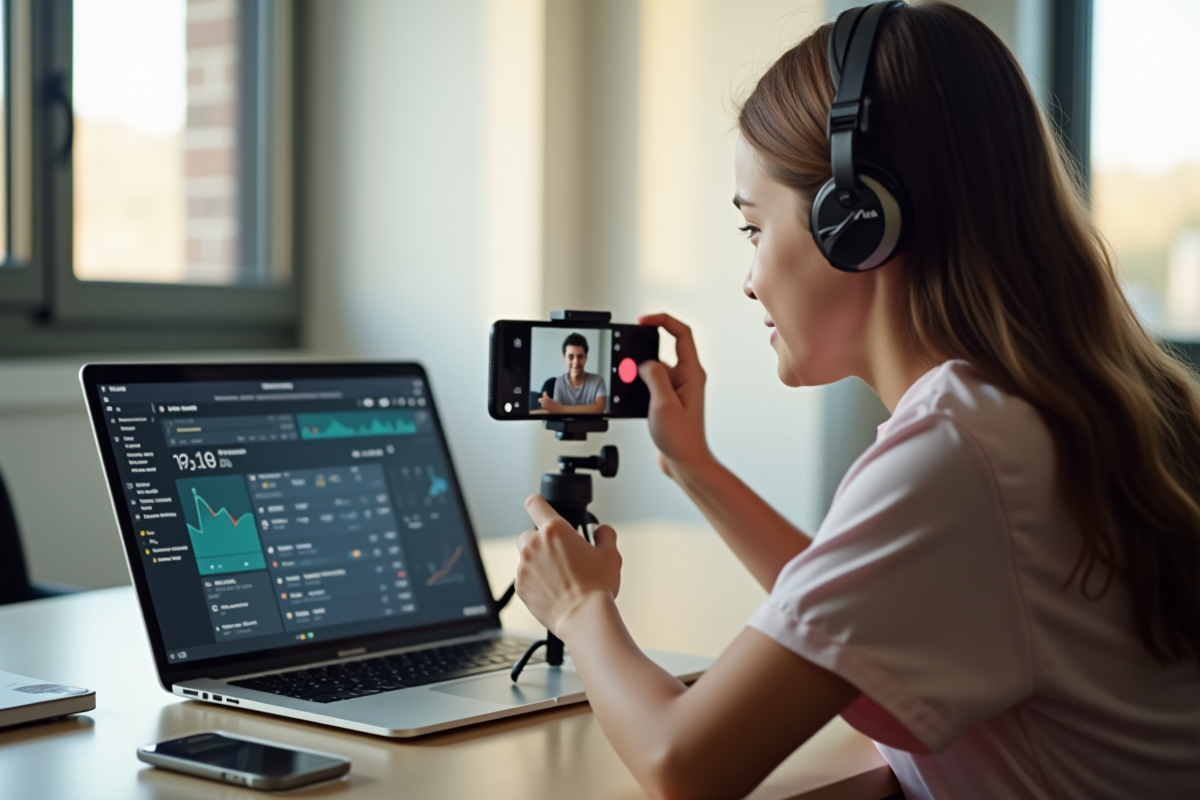 Jeune créateur vidéo TikTok avec smartphone et analytics