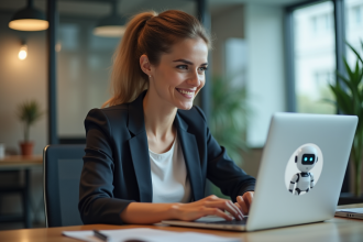 Femme professionnelle utilisant un ordinateur avec chatbot en bureau moderne