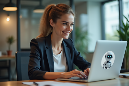 Femme professionnelle utilisant un ordinateur avec chatbot en bureau moderne