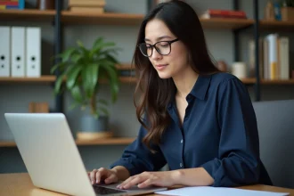Jeune femme concentrée sur son ordinateur dans un bureau universitaire