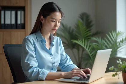 Jeune femme professionnelle au bureau avec ordinateur