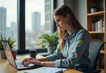 Langage des API Web : quelles langues utilisées pour les API Internet ? Jeune femme au bureau travaillant sur un ordinateur portable