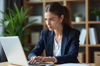 Jeune femme en bureau moderne vérifiant ses emails