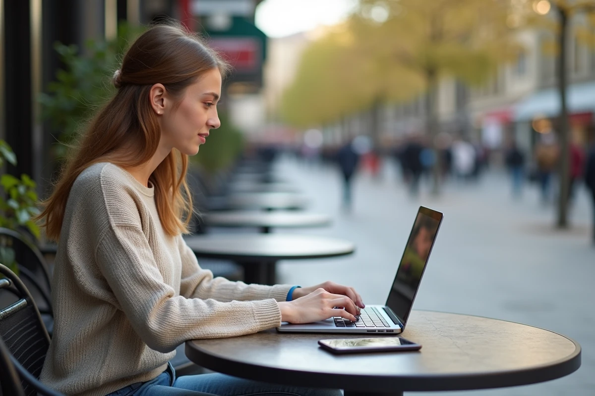 Jeune femme au café avec ordinateur portable et smartphone