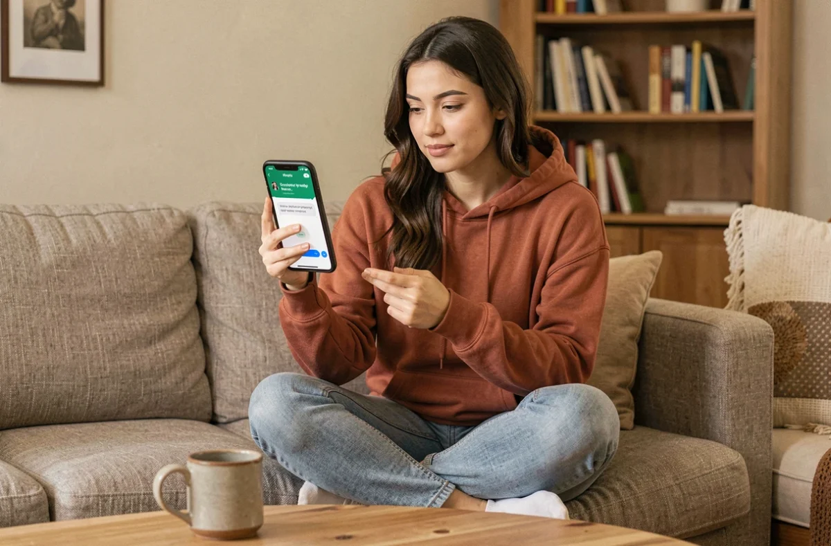 Jeune femme sur un canapé confirmant l'envoi d'un message programmé au bon contact WhatsApp