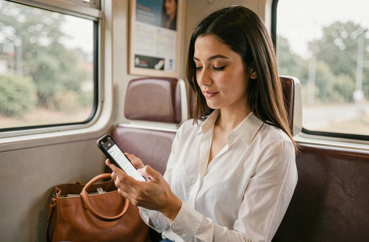 Jeune femme se connectant à MyPeopleDoc sur mobile dans les transports en commun