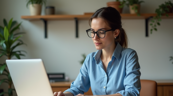 Femme en bureau à domicile concevant un site ecommerce