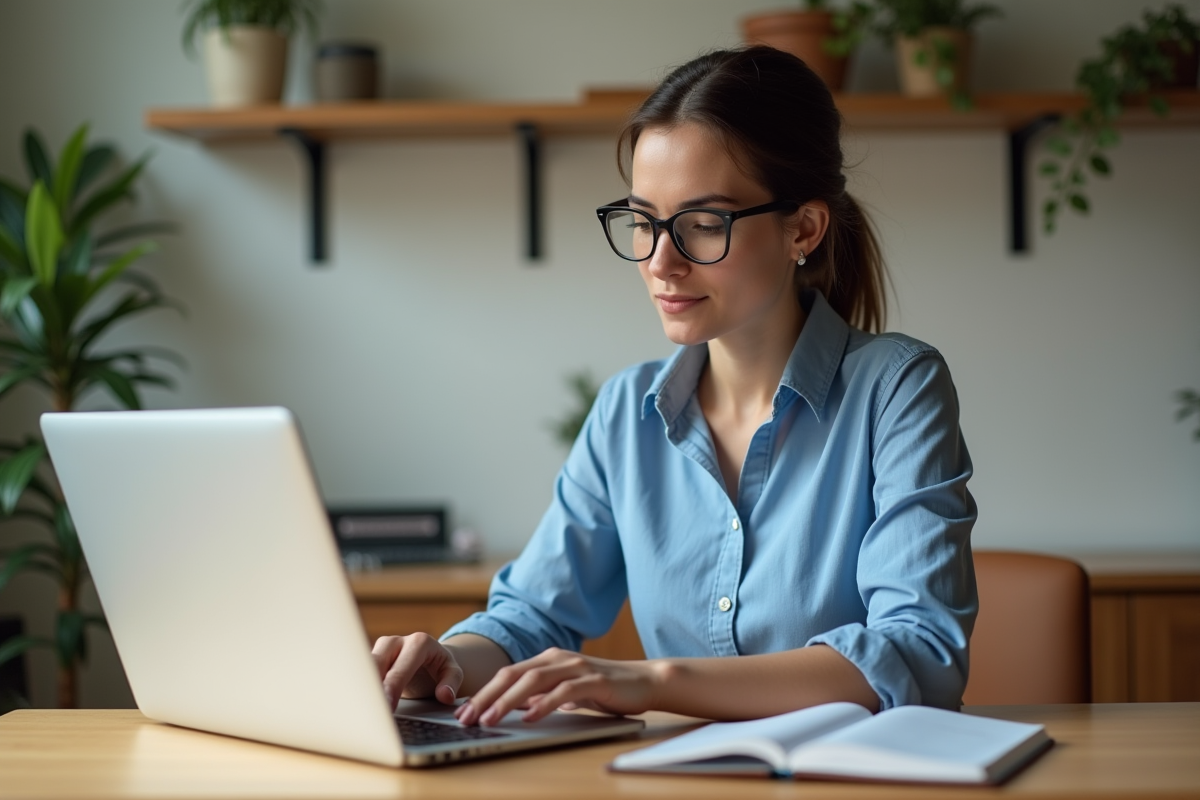Femme en bureau à domicile concevant un site ecommerce