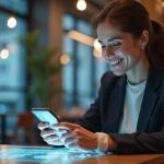 Jeune femme souriante utilisant une interface virtuelle sur smartphone