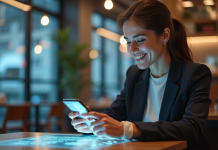 Jeune femme souriante utilisant une interface virtuelle sur smartphone