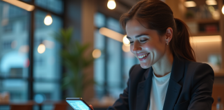 Jeune femme souriante utilisant une interface virtuelle sur smartphone