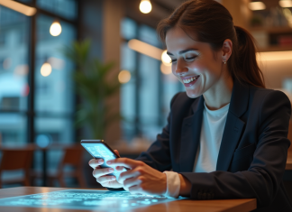 Jeune femme souriante utilisant une interface virtuelle sur smartphone