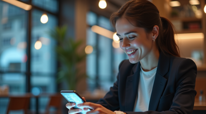 Jeune femme souriante utilisant une interface virtuelle sur smartphone