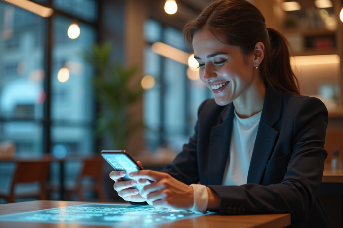 Jeune femme souriante utilisant une interface virtuelle sur smartphone