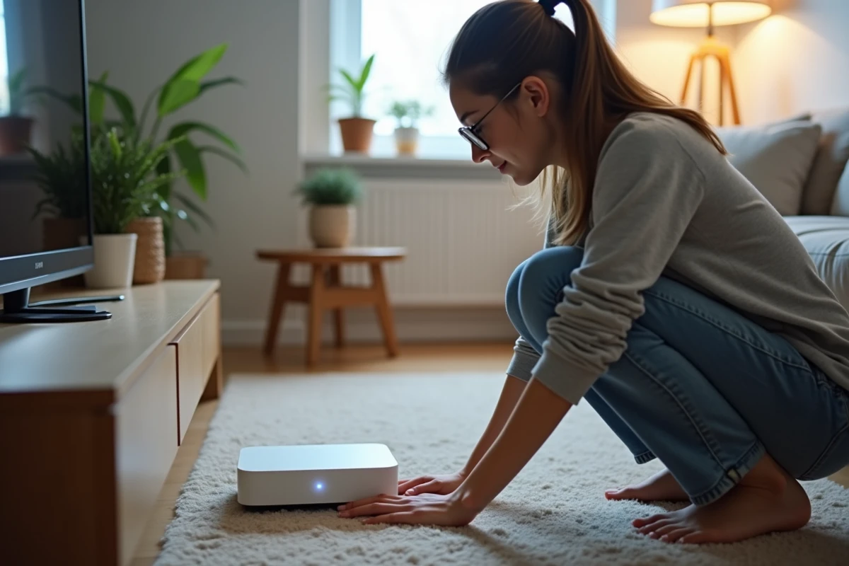 Jeune femme inspectant une box internet dans un salon lumineux