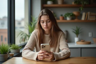 Jeune femme pensant avec son iPhone dans un appartement moderne