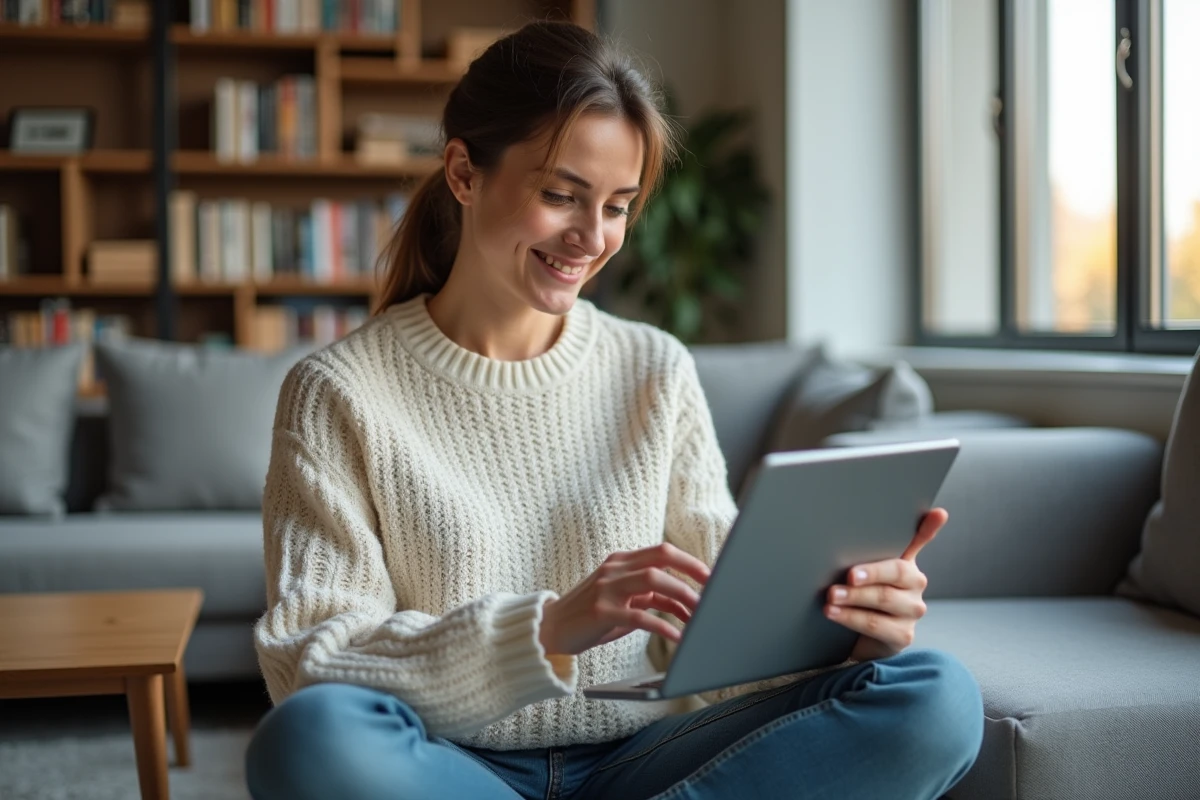 Jeune femme utilisant un outil en ligne pour supprimer des pages d'un fichier PDF sur une tablette