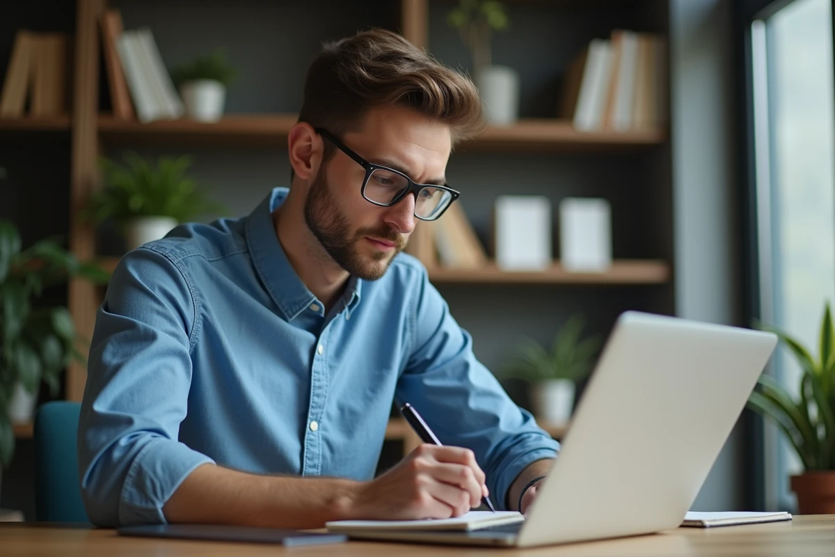 Jeune homme en analyse sur son ordinateur dans un espace moderne