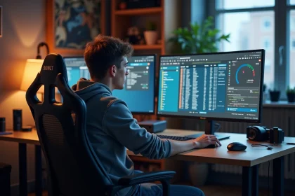 Jeune homme concentré sur son ordinateur dans un bureau moderne