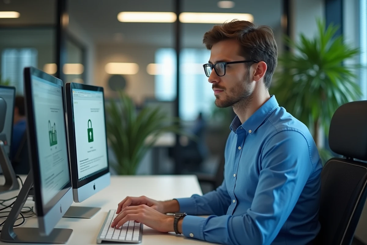 Jeune homme au bureau travaillant sur ordinateur avec écran sécurisé