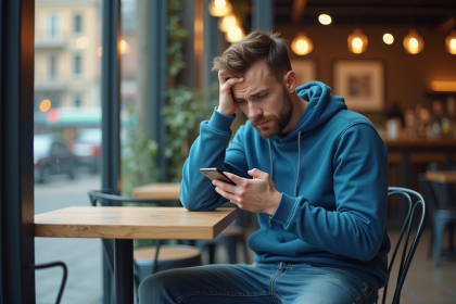 Jeune homme frustré avec smartphone dans un café moderne