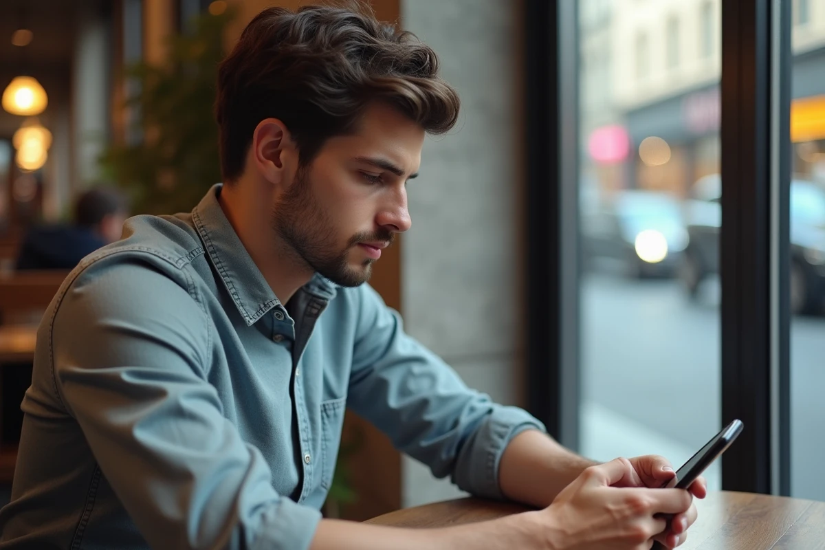 Jeune homme utilisant son téléphone dans un café en ville