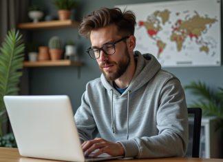 Jeune homme concentré sur son ordinateur dans un bureau moderne