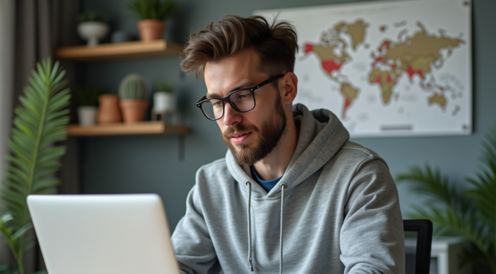 WireGuard : pourquoi est-il gratuit ? Avantages et fonctionnement Jeune homme concentré sur son ordinateur dans un bureau moderne